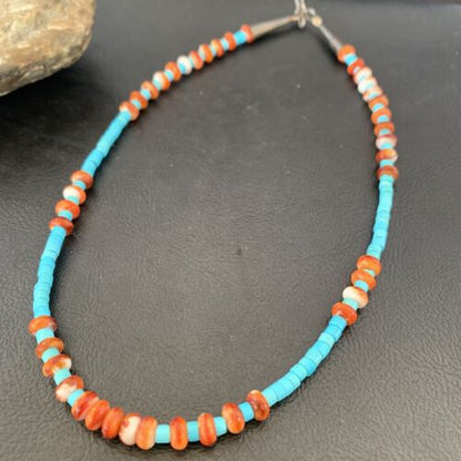 Navajo Sterling Silver Spiny Oyster Turquoise Necklace | 16" | Authentic Native American Handmade | 10692 - Masha USA