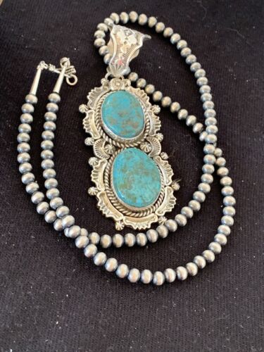 Men's Sterling Silver Navajo Pearls Necklace | Blue Turquoise Pendant | Multi-Stone | Authentic Native American Handmade | 152
