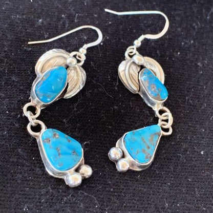 Navajo Kingman Turquoise Dangle Earrings | Sterling Silver | Authentic Native American Handmade | 01219