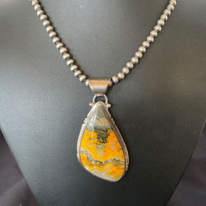 Men's Navajo Pearls Necklace with Bumblebee Jasper Pendant | Sterling Silver | Authentic Native American Handmade | 10556