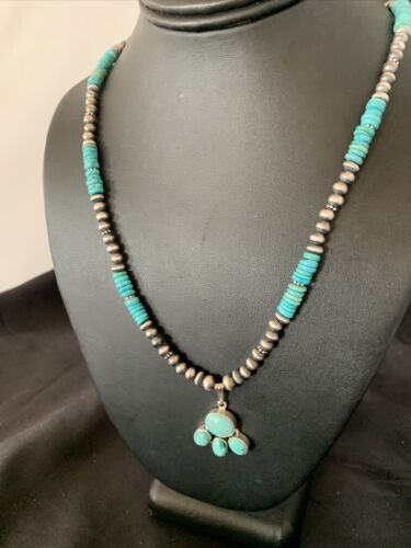 Navajo Pearl Necklace with Blue Cluster Turquoise Pendant | Sterling Silver | 12498