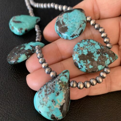 Navajo Teardrop Blue Turquoise Necklace | Sterling Silver Pearls | 20" | Authentic Native American Handmade | 13962