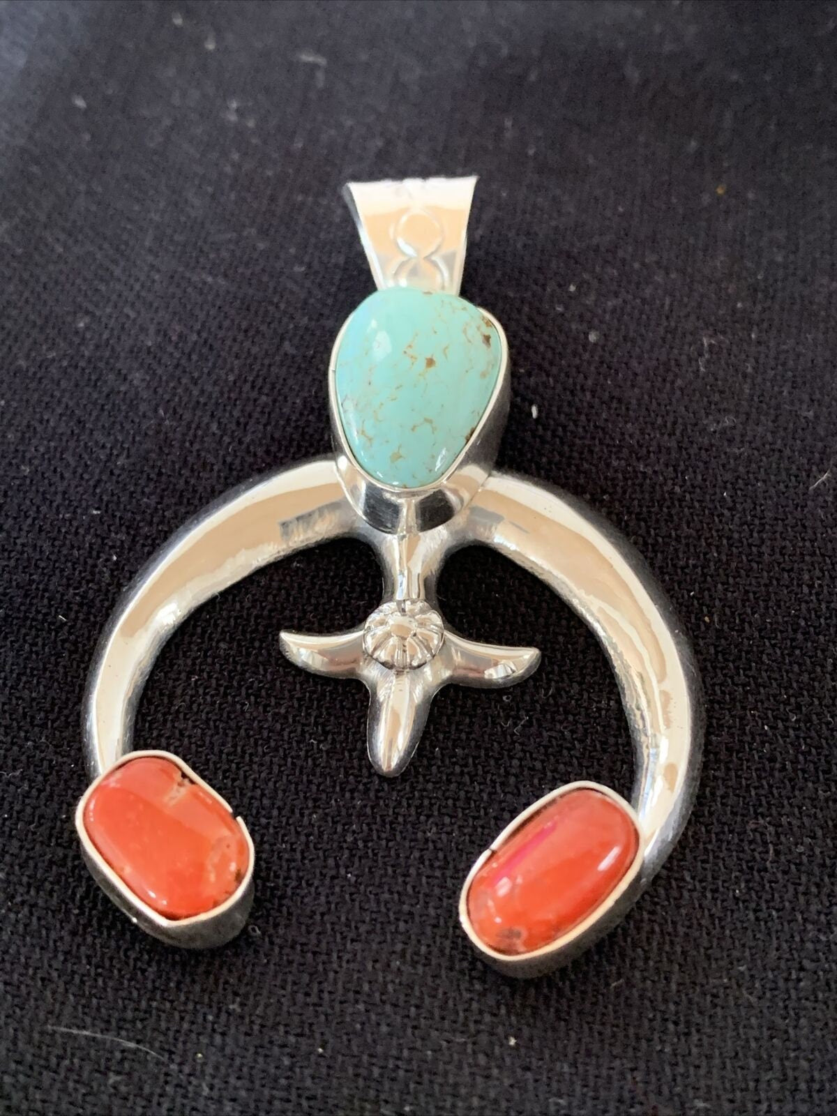 Navajo Pearls Necklace with Royston Turquoise & Coral Naja Pendant | Sterling Silver | 01428