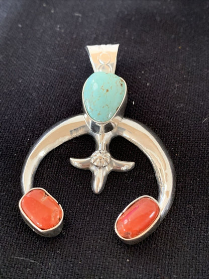 Navajo Pearls Necklace with Royston Turquoise & Coral Naja Pendant | Sterling Silver | 01428