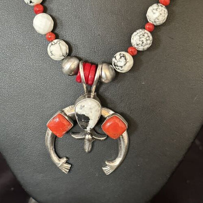 Navajo White Buffalo Turquoise Coral Naja Pendant Necklace | Sterling Silver | 24" | 14687