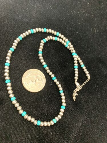 Navajo Pearls 4mm Turquoise Bead Necklace | Sterling Silver | 14" Single Strand | Native American Artisan