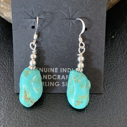 Navajo Turquoise Bead Nugget Earrings | Sterling Silver Pearls | 1" | Authentic Native American Handmade | 12896