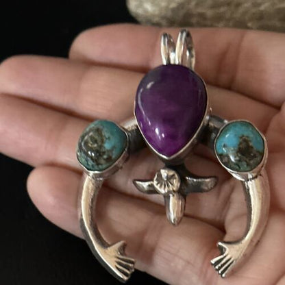 Navajo Sterling Silver Blue Turquoise Purple Sugilite Naja Pendant | Authentic Native American Handmade | 14673