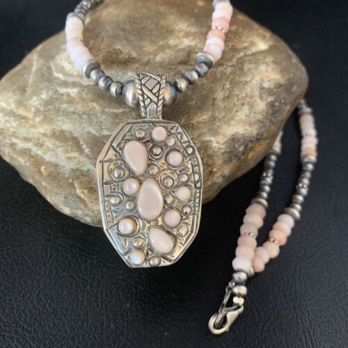 Navajo Pink Opal Beads Necklace | Multi-Stone Mother of Pearl Pendant | Sterling Silver | 13441