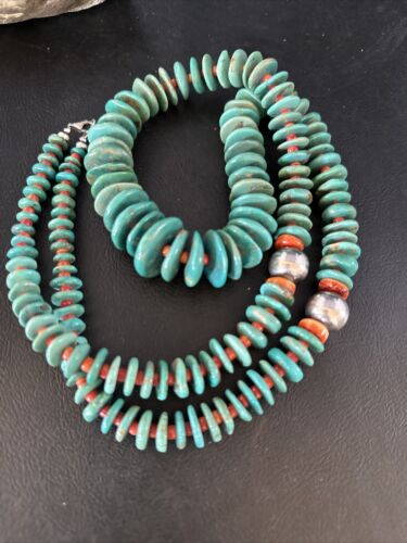 Navajo Turquoise Spiny Oyster Necklace | Sterling Silver | Authentic Native American | 32" | 14362