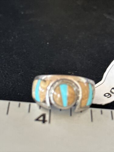 Navajo Picture Jasper Turquoise Inlay Ring | Sterling Silver | Sz 6 | Authentic Native American Handmade | 01706