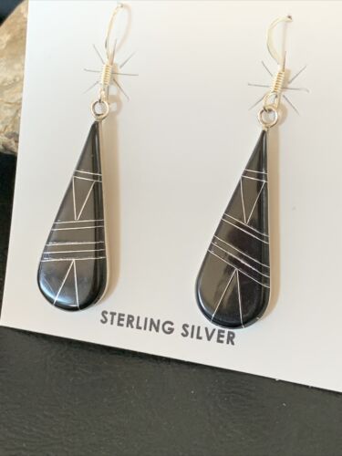 Navajo Black Onyx Inlay Dangle Drop Earrings | Sterling Silver | 1.5" | 12312 - Masha USA