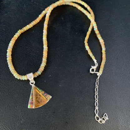Navajo Yellow Opal Amber Inlay Pendant | Sterling Silver Necklace | Authentic Native American Handmade | 13417