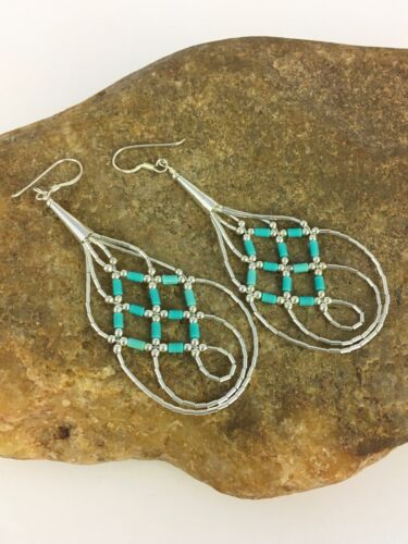 Native American Blue Turquoise Heishi Dangle Earrings | Sterling Silver | 2" | 8878