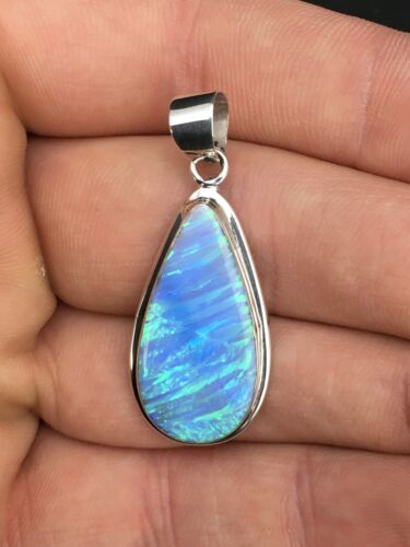 Native American Navajo Blue Opal Inlay Pendant | Sterling Silver | 1.75" | 1124 - Masha USA