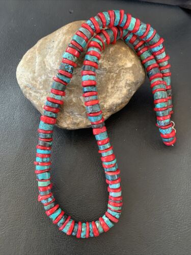 Navajo Men's Heishi Turquoise Coral Necklace | Sterling Silver | 20" | Authentic Native American Handmade | 11773