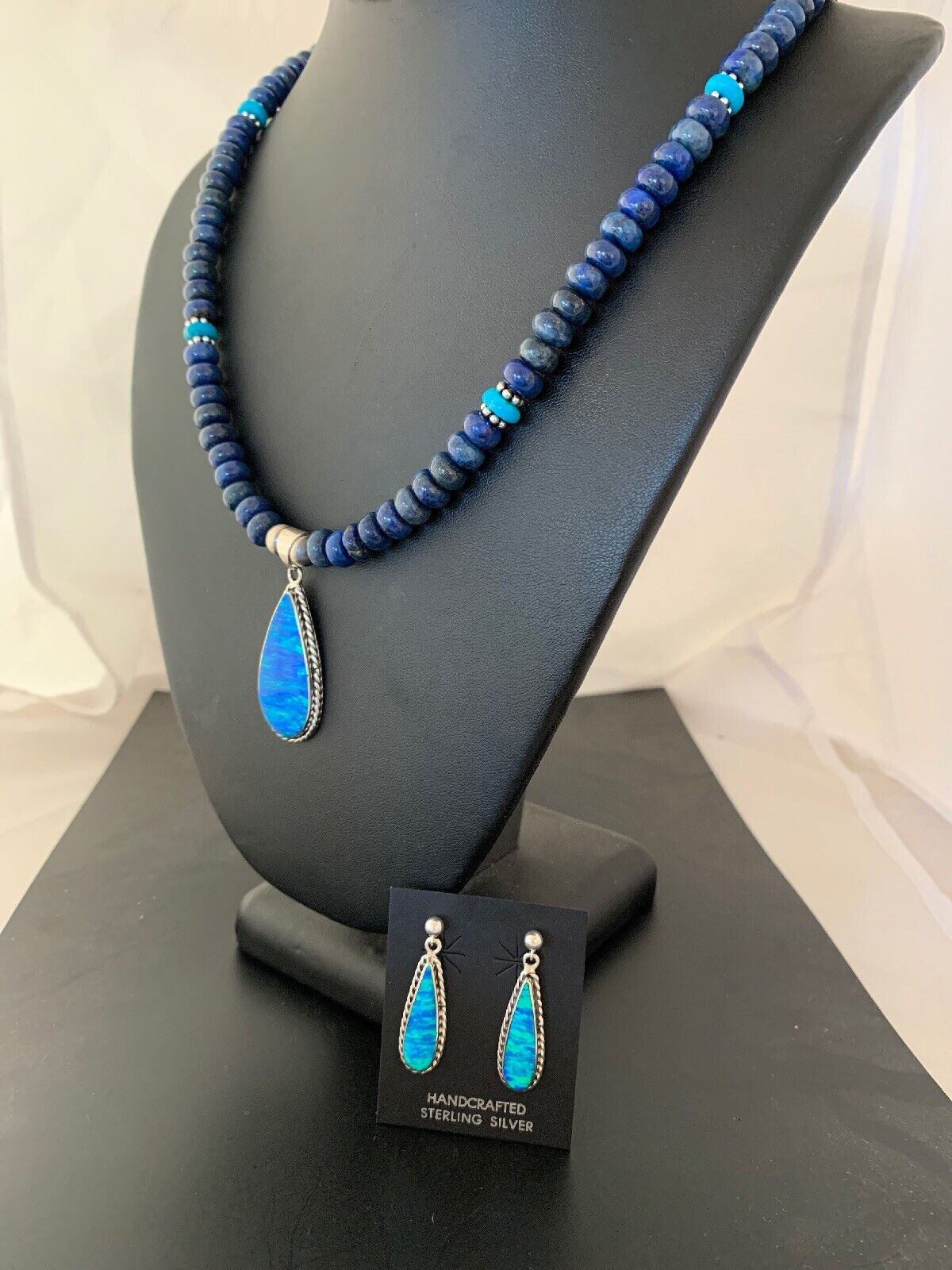 Navajo Opal Pendant with Lapis & Turquoise Necklace and Earrings Set | Sterling Silver | Authentic Native American Handmade | 4328