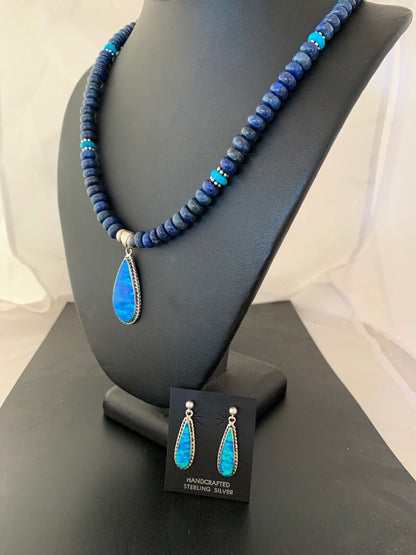 Navajo Opal Pendant with Lapis & Turquoise Necklace and Earrings Set | Sterling Silver | Authentic Native American Handmade | 4328