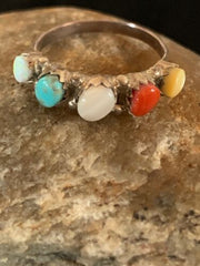 Zuni Opal, Coral, Turquoise Multi-Stone Ring | Authentic Native American Sterling Silver | Sz 6.5 | 8838