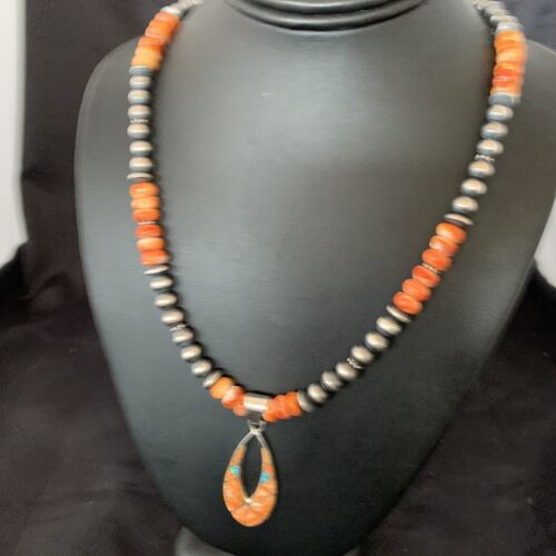 Navajo Pearls Sterling Silver Necklace | Orange Spiny Oyster Inlay Pendant | Authentic Native American Handmade | 11318