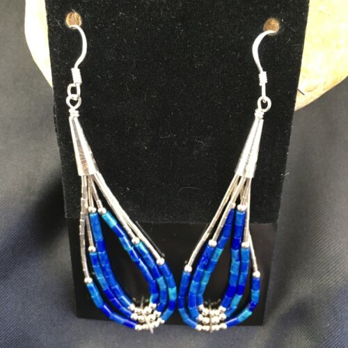 Handmade Liquid Silver Heishi Dangle Earrings | Dark Blue Lapis Tub | 2.25" | 2013