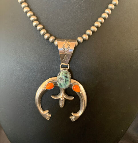 Navajo Pearl Necklace with Green Turquoise & Spiny Oyster Naja Pendant | Sterling Silver | Authentic Native American Handmade | 11701