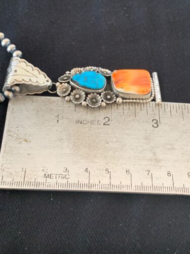 Navajo Kingman Turquoise & Spiny Oyster Pendant Necklace | Sterling Silver | Authentic Native American Handmade | 4575