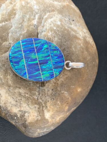 Authentic Native American Navajo Sterling Silver Blue Opal Inlay Pendant | Handmade Jewelry | 13136