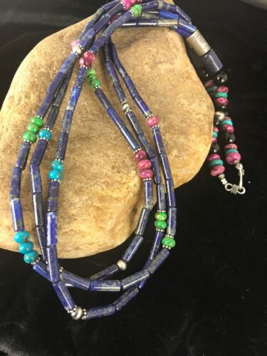 Navajo Denim Lapis Multi Strand Necklace | Sterling Silver | 22" | Authentic Native American Handmade | 3342 - Masha USA
