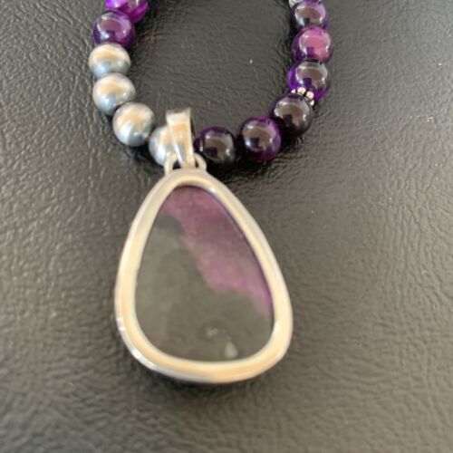 Navajo Pearls Necklace with Purple Sugilite and Onyx Pendant | Sterling Silver | 13394