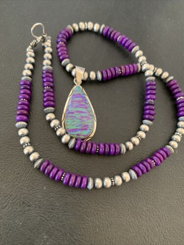 Navajo Purple Sugilite Necklace with Faux Opal Pendant | Sterling Silver | Authentic Native American Handmade | 01916