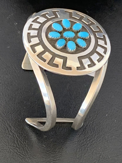 Men's Cluster Navajo Blue Kingman Turquoise Cuff Bracelet | Sterling Silver | Authentic Native American Handmade | 1652