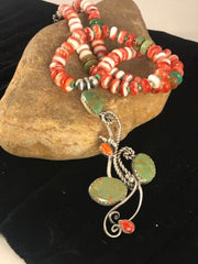 Navajo Green Turquoise & Spiny Oyster Pendant Necklace | Authentic Native American Sterling Silver | Multi-Stone | 8486