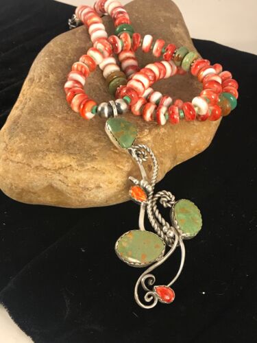 Navajo Green Turquoise & Spiny Oyster Pendant Necklace | Authentic Native American Sterling Silver | Multi-Stone | 8486