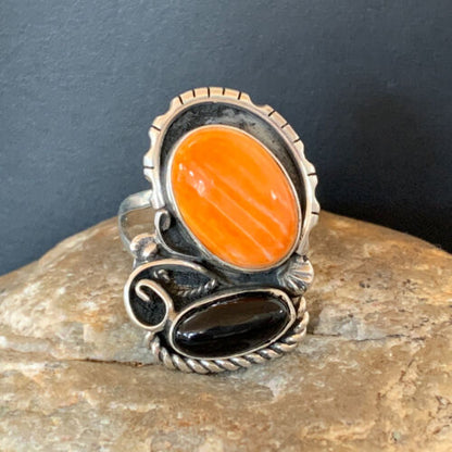 Navajo Black Onyx Orange Spiny Oyster Multi-Stone Ring | Authentic Native American Sterling Silver | Sz 11 | 02168