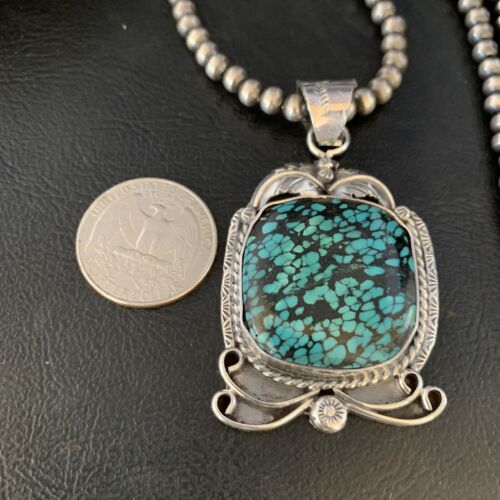 Men's Navajo Blue Spiderweb Turquoise Pendant Necklace | Sterling Silver | Authentic Native American Handmade | 14203