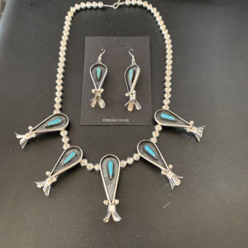 Navajo Squash Blossom Necklace & Earrings Set | Kingman Turquoise | Sterling Silver | Authentic Native American Handmade | 10925