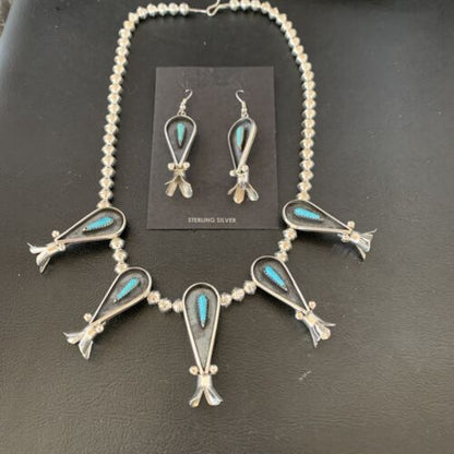 Navajo Squash Blossom Necklace & Earrings Set | Kingman Turquoise | Sterling Silver | Authentic Native American Handmade | 10925