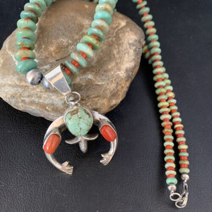 Navajo Pearl Royston Turquoise Coral Necklace with Naja Pendant | Sterling Silver | 13758