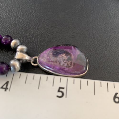 Navajo Pearls Necklace with Purple Sugilite and Onyx Pendant | Sterling Silver | 13394