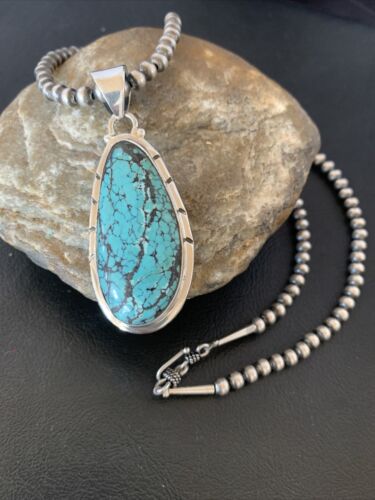 Men's Navajo Pearl Necklace with Blue Spiderweb Turquoise Pendant | Sterling Silver | 10538