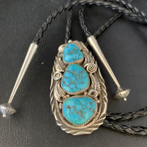 Ultra Rare Navajo Men's Bolo Tie | Blue Kingman Turquoise | Sterling Silver | Native American Handmade | 13668