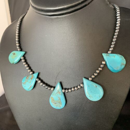 Navajo Teardrop Blue Turquoise Necklace | Sterling Silver Pearls | 20" | Authentic Native American Handmade | 13967