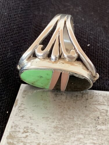 Native American Gaspeite, Onyx & Opal Inlay Ring | Sterling Silver | Sz 7 | 01488