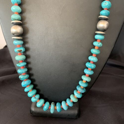Navajo Natural Turquoise and Spiny Oyster Necklace | Sterling Silver | 25" | Authentic Native American Handmade | 13235
