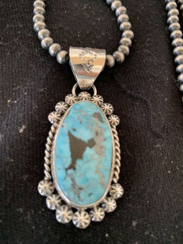 Men's Navajo Pearls Necklace with Blue Kingman Turquoise Pendant | Sterling Silver | Authentic Native American Handmade | 00841