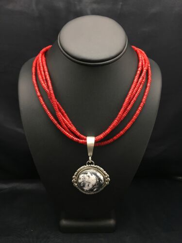 Navajo White Buffalo Turquoise Pendant with Coral | 4-Strand Silver Necklace | Authentic Native American Handmade | 3848