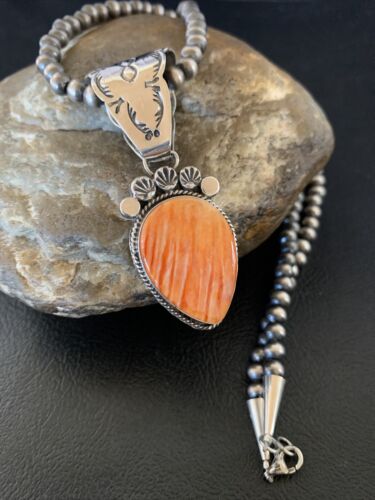 Navajo Orange Spiny Oyster Pendant Necklace | Sterling Silver | Authentic Native American Handmade | 13079