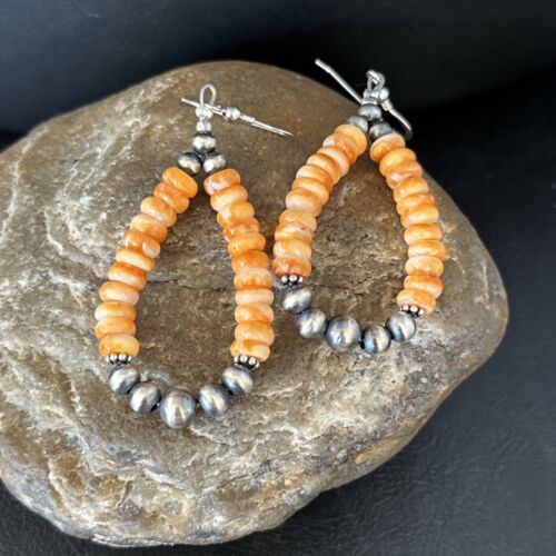 Navajo Orange Spiny Oyster Bead Earrings | Sterling Silver | Authentic Native American Handmade | 14294