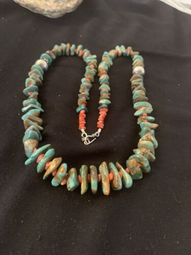 Navajo Green Turquoise & Spiny Oyster  Necklace | Sterling Silver | 26" Graduated | Authentic Native American | 00609